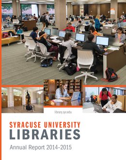 Collage of photos of busy Bird Library first floor computers, Diana statue in Carnegie Library entry, student working on laptop in the Safire Room, and two students looking at laptop together in Bird Library