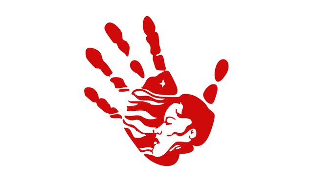 Red hand print with silhouette of woman's side profile with flowing hair inside